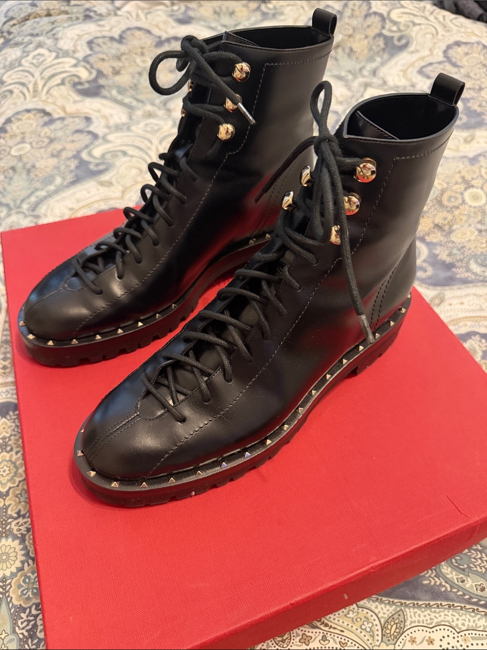 Valentino Black Lace-Up Leather Combat Boots with Gold Hardware